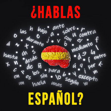Do you speak Spanish translation Learning Foreign language Human brain Spain flag Letters article word preposition vocabulary grammar 3d render. Study Online course education Listening Reading Fluencyの写真素材