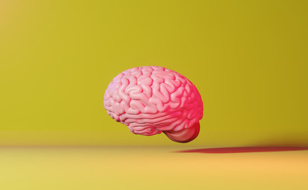 Human brain neon light yellow background 3d rendering. Creative idea Artificial intelligence Language Learning Skills Mental health.Memory improvement Mindfulness Education Study Cognitive developmentの写真素材