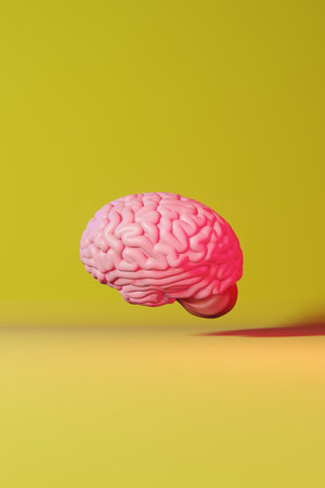 Human brain neon light yellow background 3d rendering. Creative idea Artificial intelligence Language Learning Skills Mental health.Memory improvement Mindfulness Education Study Cognitive developmentの写真素材