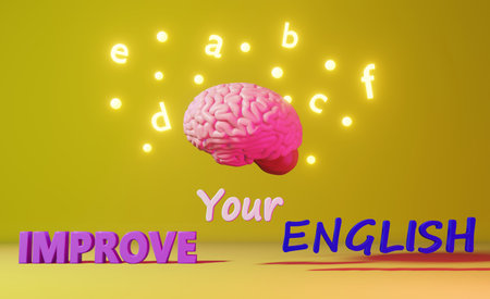 Improve your English Foreign language fluency learning studying Human brain letter yellow background 3d rendering. Memory Remote Online Application Education course Expressions idiom Listening Readingの写真素材