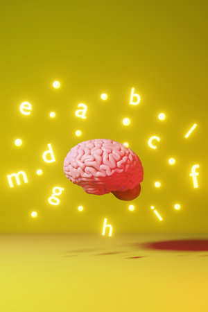 English learning Foreign language fluency improvement studying Human brain letters yellow background 3d rendering. Memory Remote Online Application Education course Expressions idiom Listening Readingの写真素材
