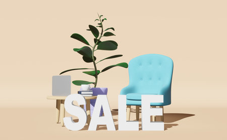 Furniture sale Soft armchair table laptop coffee cup books plant pastel background 3D rendering....
