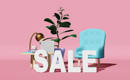 Furniture sale Soft armchair table laptop coffee desk lamp book plant pink background 3D rendering. Workspace interior office minimal style. Living room showcase Cozy home lobby modern design Shoppingの写真素材