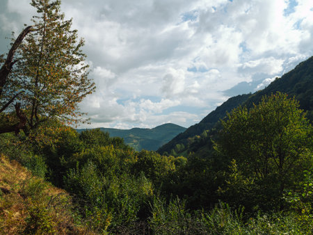 Village in Transcarpathia region scenic Carpathian mountains view Ukraine, Europe. Autumn countryside landscape Colorful fall trees sunny day. Eco Local tourism hiking Recreational activities Vacationの写真素材