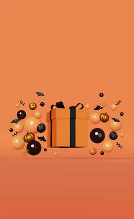 Halloween sale Pumpkins gift box black flying bats floating bubbles ribbons 3D rendering. Thanksgiving shopping autumn holidays discount vertical promo banner for social media ads. Levitating package.の写真素材