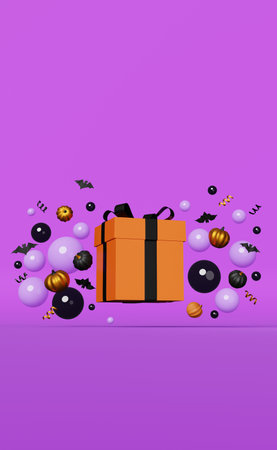 Halloween sale Pumpkins gift box black flying bats floating bubbles ribbons 3D rendering. Thanksgiving shopping autumn holidays discount vertical promo banner for social media ads. Levitating package.の写真素材