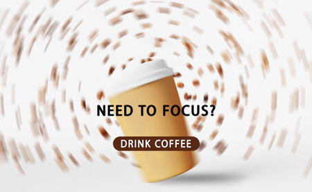 Need to focus - Drink coffee Floating latte cup flying beans 3D render motion blur. Energy sip Coffee to go shop levitating beverage Hot drinks sale discount Flying cappuccino Brand advertising designの写真素材
