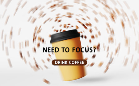 Need to focus - Drink coffee Floating latte cup flying beans 3D render motion blur. Energy sip Coffee to go shop levitating beverage Hot drinks sale discount Flying cappuccino Brand advertising designの写真素材