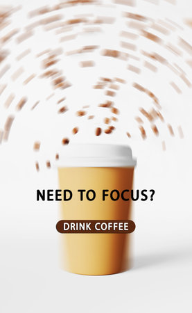 Need to focus - Drink coffee Floating latte cup flying beans 3D render motion blur. Energy sip Coffee to go shop levitating beverage Hot drinks sale discount Flying cappuccino Brand advertising designの写真素材