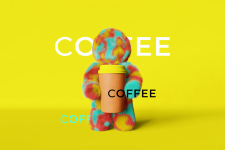 Cute bright rainbow Yeti coffee cup yellow background 3D rendering. Coffee shop discount creative sale colorful banner. Hot drinks take away Social media content. Contemporary advertising promo designの写真素材