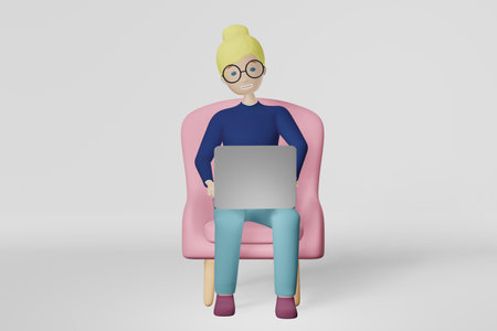 Smiling woman digital marketing manager 3d rendering analyzes the data develops budget works on laptop remotely online. Content Creation. Market Research Marketing Strategy Performance Analytics Salesの写真素材