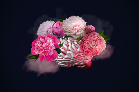 Blooming human brain peony flowers clouds thoughts creative art collage. Mental health Selfcare Psychology Mindfulness Love yourself Self acceptance Support Stress healing Personality Harmony Feelingsの写真素材