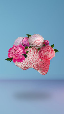 Blooming human brain pink peony flowers levitating creative art collage blue.Mental health Selfcare Mindfulness Love yourself Self acceptance Support Stress relief Personality Harmony balance floatingの写真素材