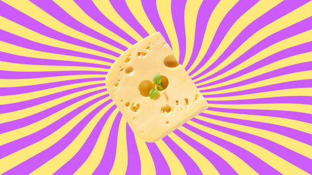 Creative cheese advertising banner colorful sunburst retro style background. Yummy piece of Maasdam Swiss, Dutch or Italian hard cheese with holes. Farm dairy products modern Pizza Fast food promotionの写真素材