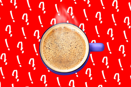 Steaming coffee cup foam top view question exclamation mark on red background creative collage. Hot drink mug Energy sip Breakfast Coffee to go Latte beverage shop sale Social media advertising designの写真素材