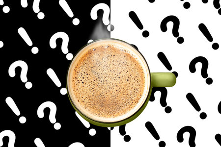 Steaming coffee cup foam top view question and exclamation mark black white background creative collage. Hot drink mug Energy sip Breakfast Coffee to go Latte beverage shop sale Social media ad designの写真素材