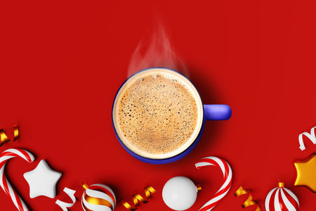 Steaming Christmas coffee cup on red background golden ornaments stars candy cane website banner design. Hot chocolate drink mug. Social media advertising creative content. Cappuccino Cocoa Latte saleの写真素材