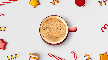 Steaming Christmas coffee cup foam on white background golden ornaments candy cane website banner design. Hot chocolate drink mug Social media advertising creative content. Cappuccino Cocoa Latte saleの写真素材