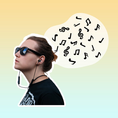 Young woman headphones with musical notes cloud social media ad creative digital art collage. Listen...