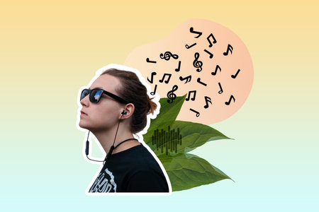 Young woman headphones musical notes cloud social media ad creative digital art collage. Listen to music play sound app song playlist podcast. Online streaming platform Green leaf wings Modern graphicの写真素材