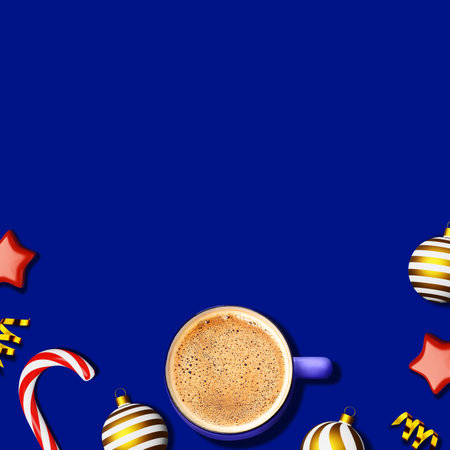 Christmas coffee cup foam blue background ornaments candy cane golden ribbon website banner design copy space. Hot chocolate drink mug. Social media advertising creative content Cappuccino Cocoa Latteの写真素材