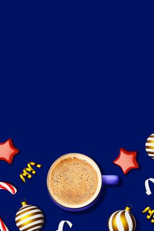 Christmas coffee cup foam blue background ornaments candy cane golden ribbon website banner design copy space. Hot chocolate drink mug. Social media advertising creative content Cappuccino Cocoa Latteの写真素材