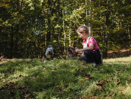 Happy little girl with two dogs sitting on a green grass lawn having fun, family picnics, spending time together, hiking in the mountains. People and pets outdoors lifestyle photo candid emotions.の写真素材