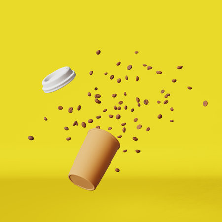 Floating coffee cup lid flying beans explosion yellow background 3D render. Coffee shop mockup discount demonstration. Hot drinks sale advertising promo banner Brown paper cup branding design templateの写真素材