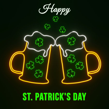 Beer mug glowing neon light Happy Saint Patrick's Day night party Shamrock signboard 3d rendering. Irish pub brewery holiday drinks Three leaves clover luck symbol graphic. 17 March celebration posterの写真素材