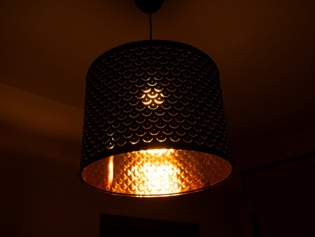 Single Pendant lamp bronze metal ornament pattern. Classing ceiling lighting lamp with metal cage glowing warm light Cylinder Lampshade. Modern interior. LED Light Decoration For Bedroom, Living Room.の写真素材