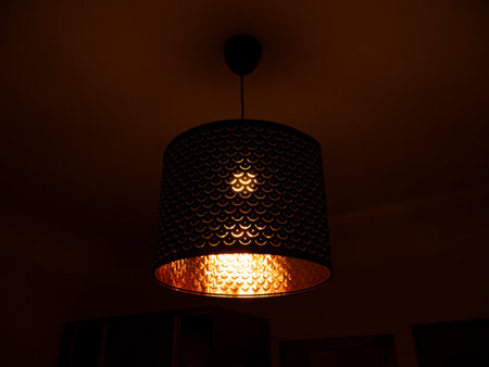 Single Pendant lamp bronze metal ornament pattern. Classing ceiling lighting lamp with metal cage glowing warm light Cylinder Lampshade. Modern interior. LED Light Decoration For Bedroom, Living Room.の写真素材