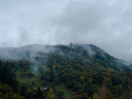Misty fall Carpathian Mountains fog landscape. Village in Transcarpathia region Lush foliage Foggy spruce pine trees forest scenic view Ukraine, Europe. Autumn countryside Eco Local tourismの写真素材