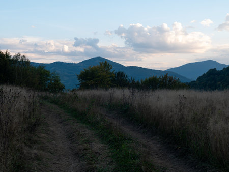 Evening village in Transcarpathia region scenic Carpathian mountains view Ukraine, Europe. Autumn countryside landscape fall spruce pine trees Eco Local tourism hiking Recreational activities Vacationの写真素材