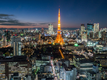 Observation room night view in Japanのeditorial素材