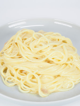 Pasta carbonara, close up photo