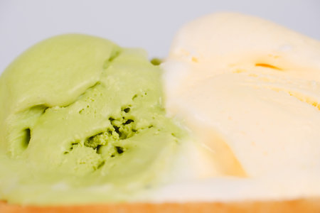 Toast bread with Vanilla and Japanese Green Tea ice creamの写真素材