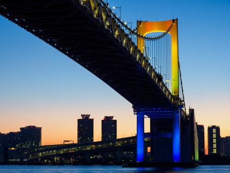 Rainbow Bridge first sunrise new year, Japan Tokyoの写真素材