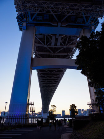 Rainbow Bridge first sunrise new year, Japan Tokyoの写真素材