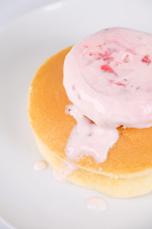 Pancakes with strawberry ice creamの写真素材
