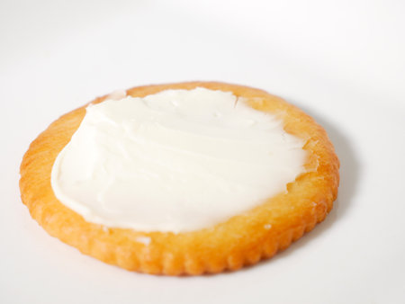 Round crackers with cream cheeseの写真素材