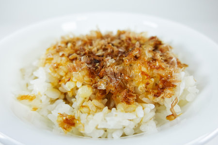 Rice with bonito flakesの写真素材