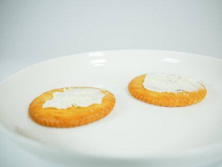 Round crackers with herb cheeseの写真素材