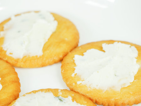 Round crackers with herb cheeseの写真素材