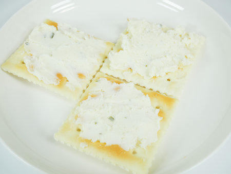 Square cracker with herb cheeseの写真素材