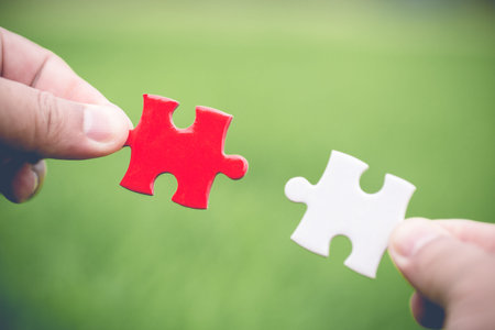 White and red jigsaw puzzles in the hands of a businessman Green natural background Business concept...