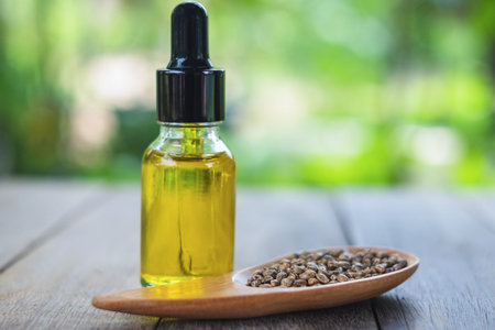Hemp oil in glass bottles and seeds in a wooden spoon placed on a wooden table. The idea of using oil extracted from hemp to cure illness. Alternative herbal medicine is extracted from CBD.の写真素材