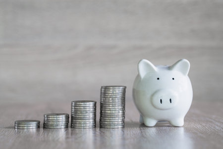 Savings bank white pig and coin ladder Ideas for saving money, investing, planning to use money Real...