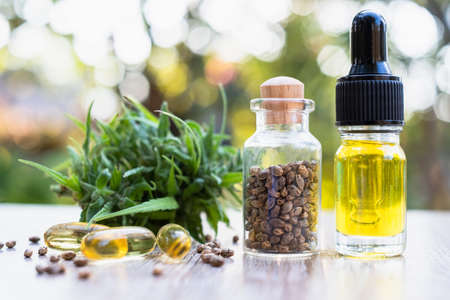 A bottle of hemp oil, seeds and leaves, natural herbs, medical marijuana concepts, CBD hemp oil, hemp products, medicineの写真素材