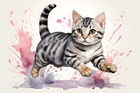 Cute cat with splashes of ink. Watercolor illustration.の素材