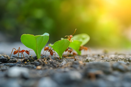 Ants are walking on the ground and take care of plants.の素材